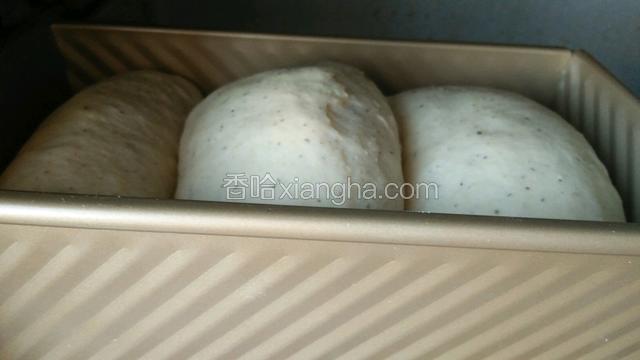 二次发酵到九分满的时候，把热水碗取出，烤箱上下150度，下层50分钟