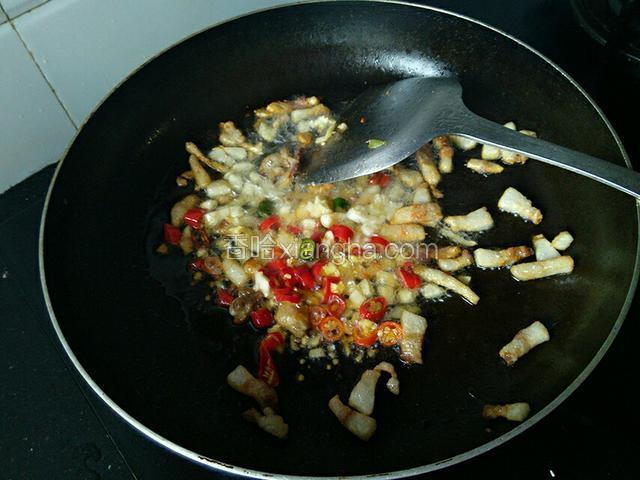 至肥肉油全部炸出，加姜、蒜、辣椒炒香。