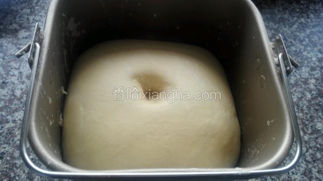 发酵2.5倍大发酵完成，启动面包机揉几下排气拿出！（发酵时间根据天气冬天大概2个小时左右）