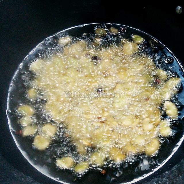 锅中多加一些油烧微热，倒入蚕豆米，用小火慢慢炸
