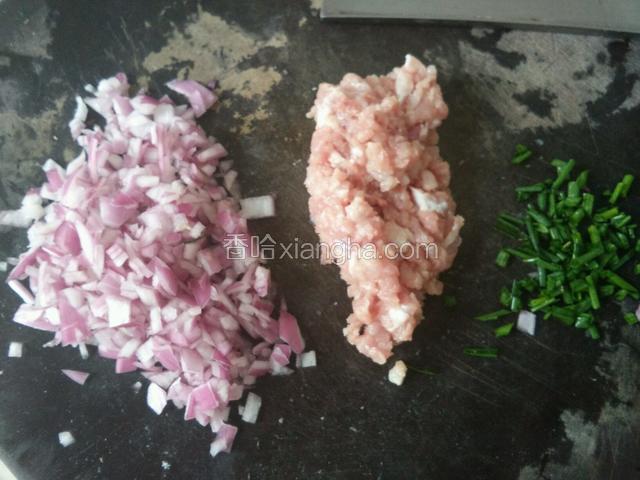 洋葱切碎，瘦肉剁成肉馅，葱切花