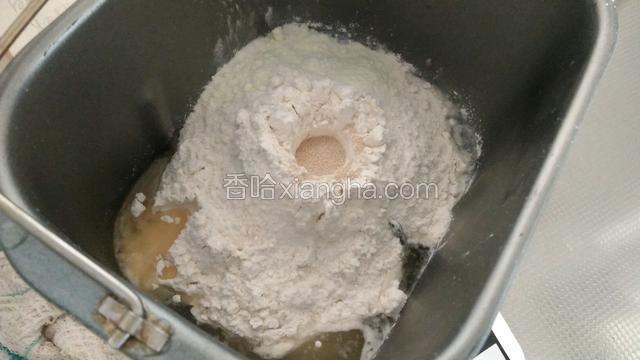 把鸡蛋，水或者牛奶，盐，白糖，高筋面粉，奶粉，酵母，油放在面包桶内