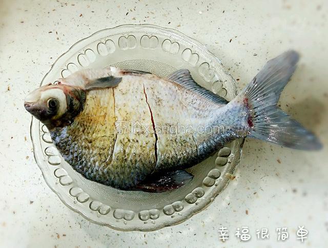 打理干净后，在前后背上各划上三道口，加盐和适量的料酒麻10分钟。