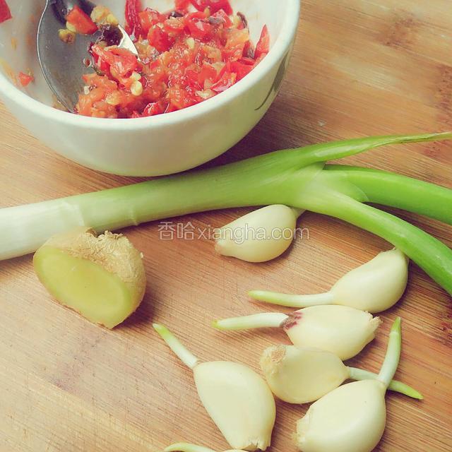 准备好葱、姜、蒜和郫县豆瓣酱