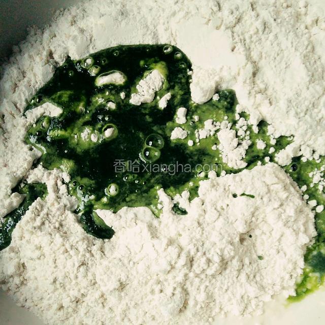 把菠菜汁倒入六百克面粉中