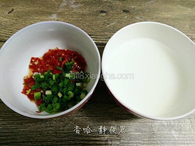 准备小半碗水，放入一勺淀粉，搅拌均匀备用，再准备一勺剁辣椒，和一点葱花备用