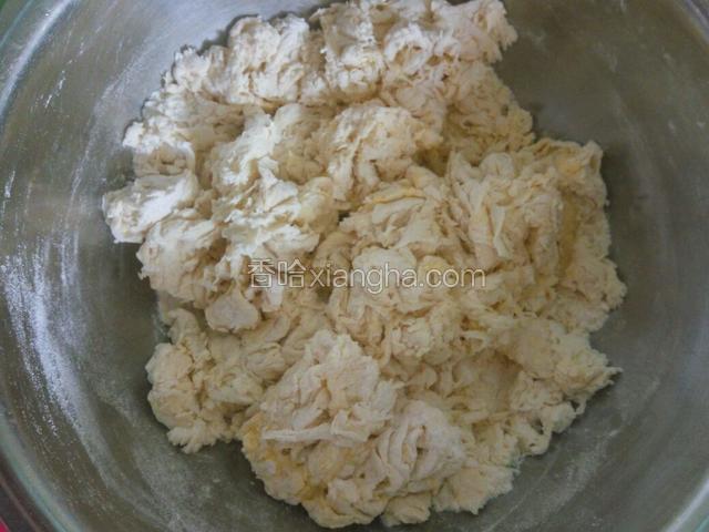 200克饺子粉中分次加入适量温水（20度左右）用筷子搅成棉絮状