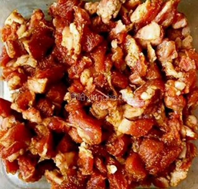 羊里脊肉丁用料酒、盐、辣椒粉、孜然粉煨制两小时入味；