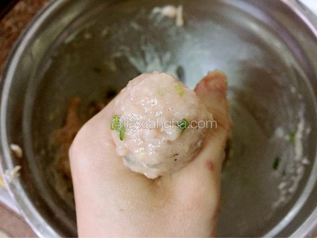 手沾水后把肉蓉放入手心里，然后用虎口挤出丸子形状
