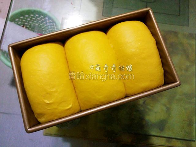 放入烤箱，底部放一碗热水，在温度为37度，湿度为75%的环境中进行二次发酵。
发酵至8.9分满取出，烤箱预热180度。