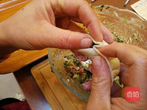 现在开始在饺子皮左边折褶子。左边的褶子和右边的褶子成对称。