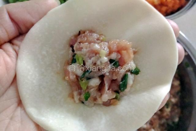取适量肉末放在饺子皮中间。