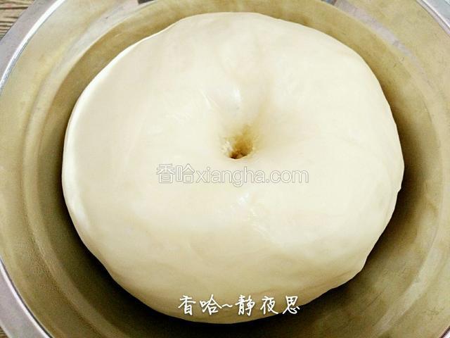 发酵至2.5倍大，用手指在中间戳个洞，周围面团不回缩即可