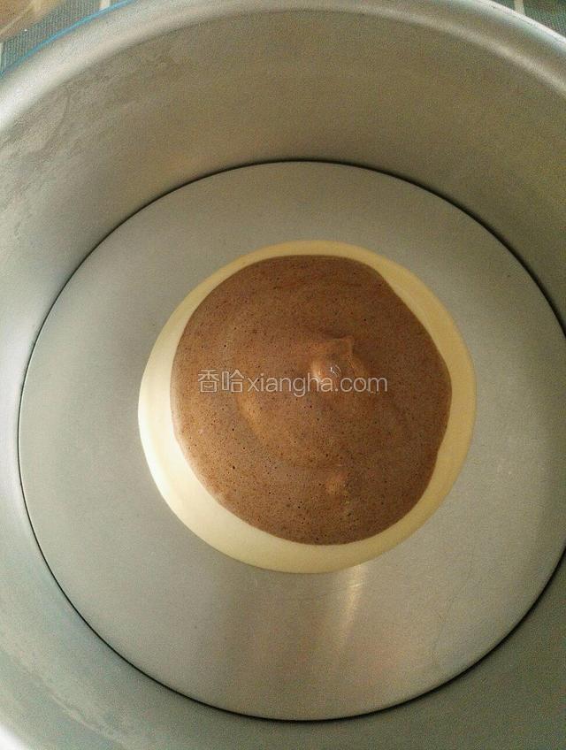 用两个勺交替将蛋糕糊从模具中间放入（此时烤箱150度预热5分钟）