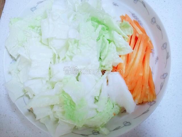 煮汤的时间准备菜，白菜叶切段，胡萝卜切丝。