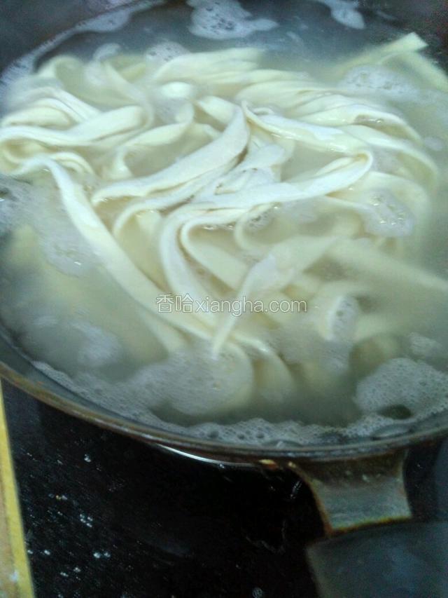 开水煮面，不停用筷子拨动防粘连和粘锅。中间开两开，开后可以沿锅边加清水，直到面熟。捞出过清水。