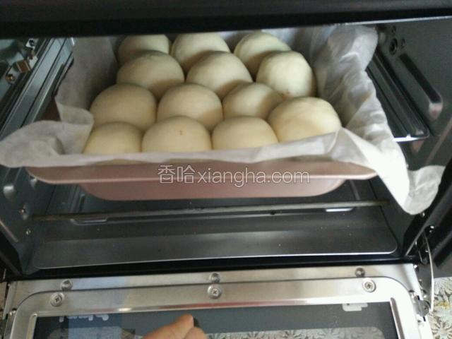 放进烤箱进行第二次发酵，38度发酵50分钟，里面放进①碗热水，发酵好后取出，进行160度预热五分钟
