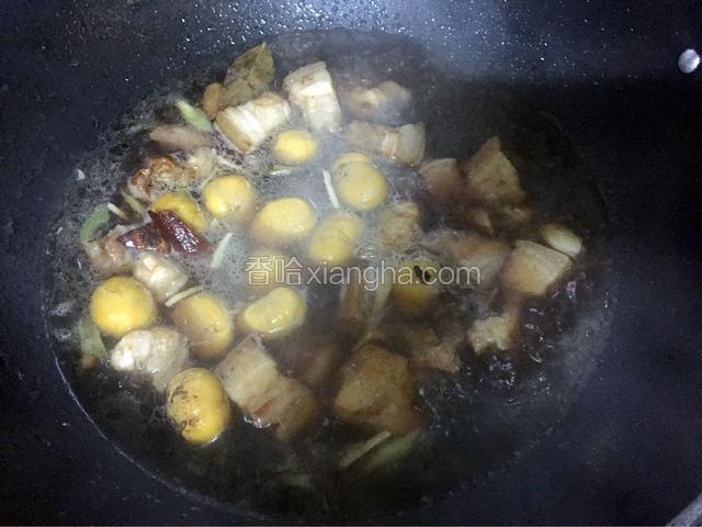 放入板栗，转中小火炖煮