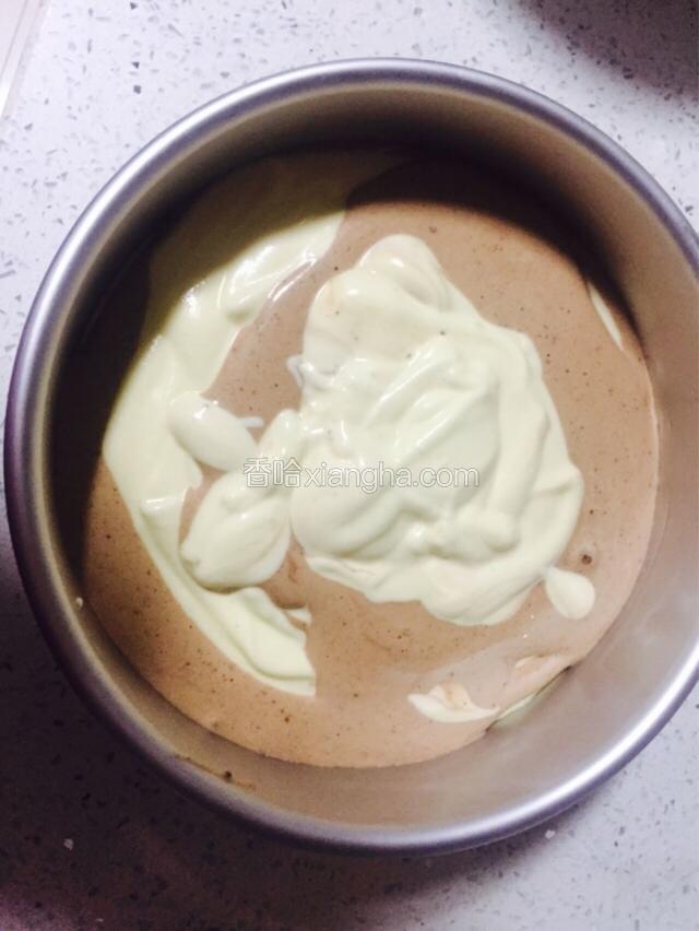 将两份蛋糕糊交替倒入模具中
