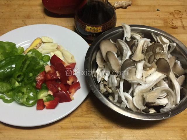 蘑菇洗干净，撕小块，姜蒜切片，红椒青椒切任意形状