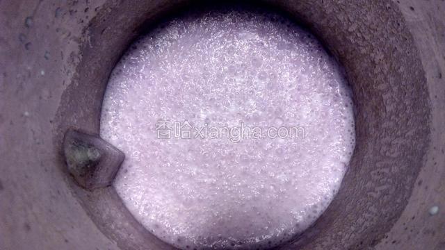 当豆浆机发出嘀嘀的提示声，表示紫薯牛奶汁已打好，拔掉电源，拿掉豆浆机头，香浓的紫薯牛奶汁展现眼前。