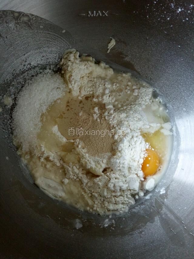 除了液态酥油所有的材料。倒入厨师机中。没有厨师机就用面包机，如果没有面包机，那手揉吧！