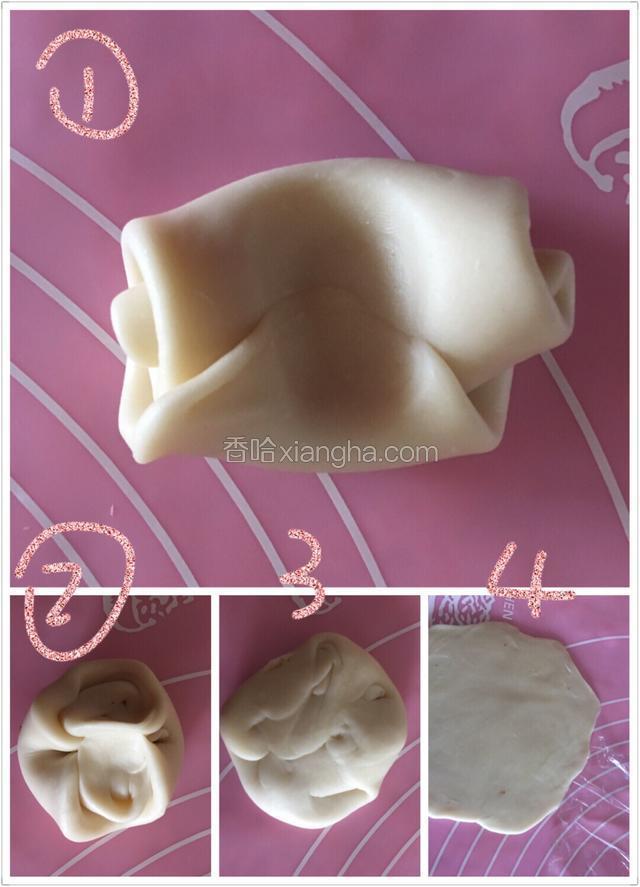 接着准备包馅料了，先来把油酥皮擀开，取一个油酥皮在接口处用拇指轻轻的按压一下，再用左手的食指和拇指把两边捏起来，然后在压扁，接着用擀面杖轻轻擀开，擀成圆形的薄片。
