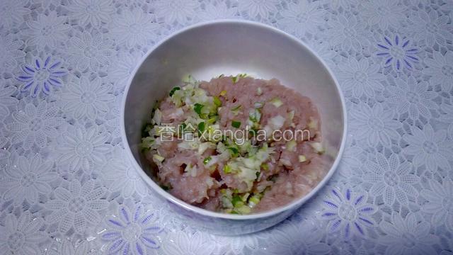 把猪瘦肉、葱末、姜末全部倒在一个碗中。