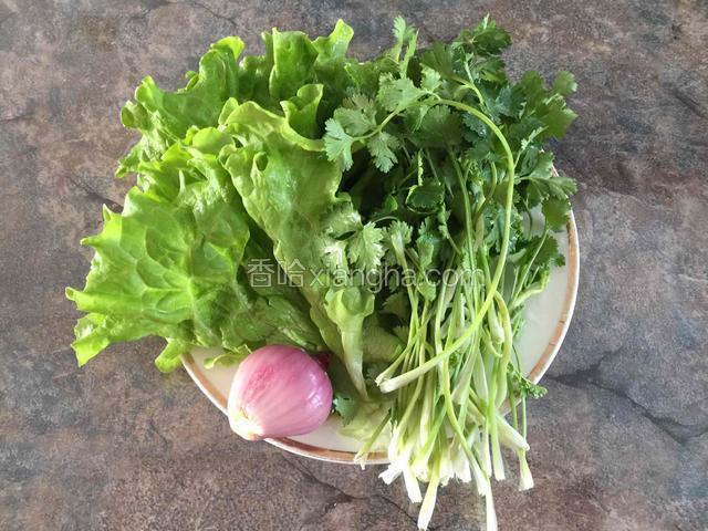 等待发酵的过程中准备夹馅。洗净生菜、香菜和洋葱。
