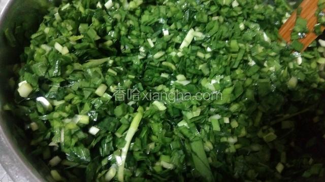 放凉后将韭菜倒入锅中，加入盐，鸡精调味