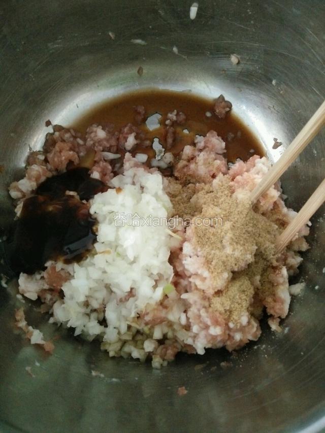 肉馅里加入葱花，盐，牛肉粉，十三香，耗油，料酒，老抽，生抽
