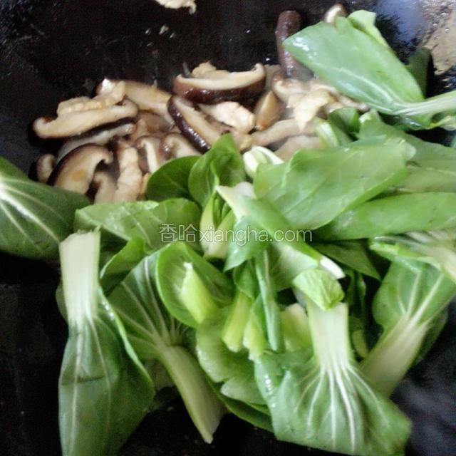 放入香菇油菜翻炒均匀
