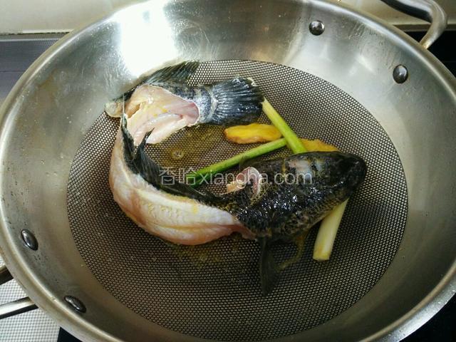 锅中放入适量菜籽油，油热后，将生姜葱段和黑鱼煸一下。