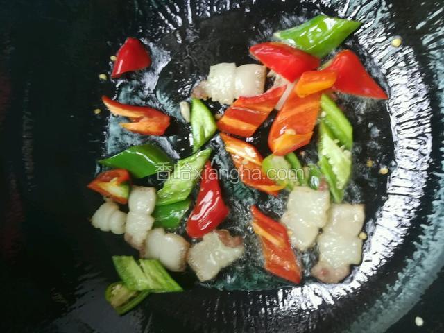 下青红椒块炒二十秒左右。