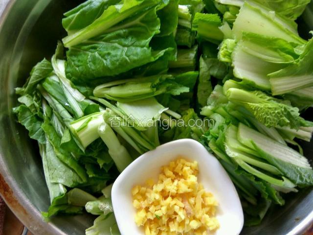 姜切末，小白菜切小段备用