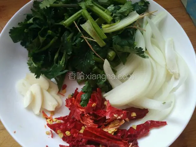 香菜切段，圆葱切丝，蒜切片，干辣椒切丝
