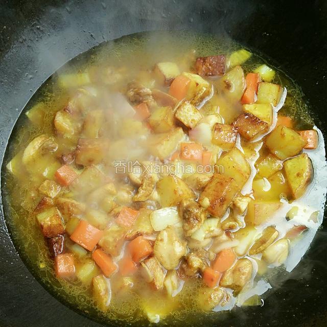 锅中加水，没过土豆鸡块，煮几分钟至土豆绵软