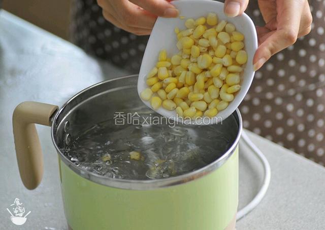 锅内加水煮沸，先加入玉米粒和红萝卜粒～煮2分钟