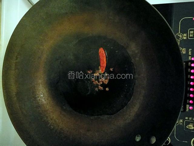 锅内热油放花椒粒干辣椒爆香。