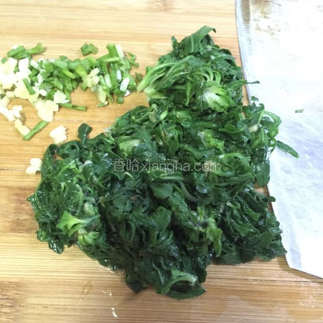 另烧一壶开水。荠菜放凉再次捞出后挤干水分，切成1cm长的小段。