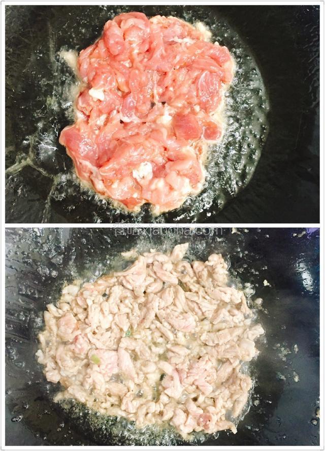 热油小火煸炒肉丝，放少许味精煸炒至肉丝变白色即可