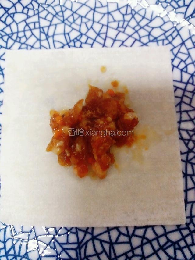 取少许肉馅放在云吞皮上