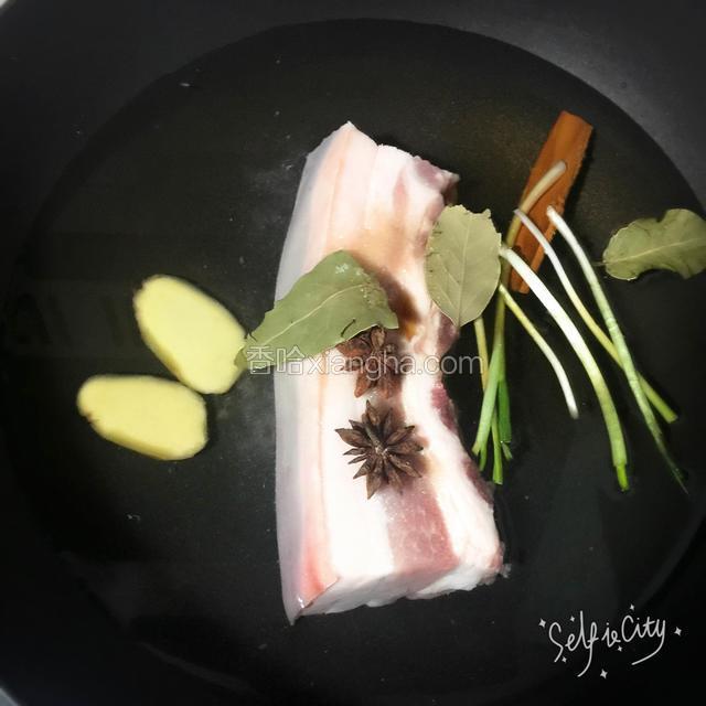 肉处理干净放入清水，加料酒、盐和图中各种辅料开大火煮沸转中小火炖约20分钟左右再关火焖5分钟捞起沥干水分