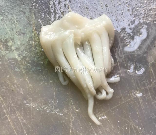 撕掉鱿鱼爪上的皮，撸掉鱿鱼的爪上吸盘上小圈