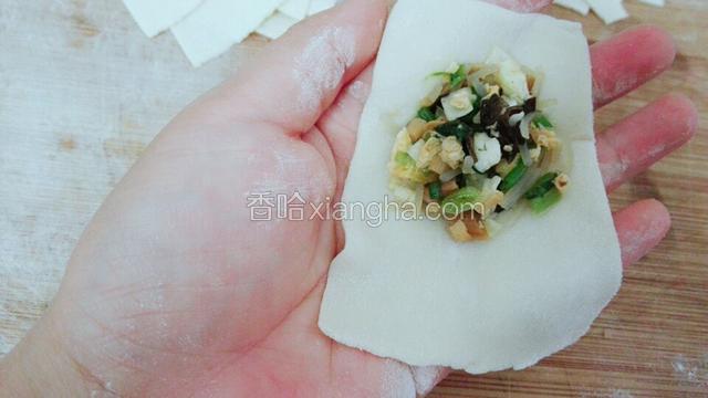 包饺子喽，拿一张饺子皮，馅放在饺子皮小头偏上的那一端，从小端往大端的方向卷，两头捏紧再向上折，