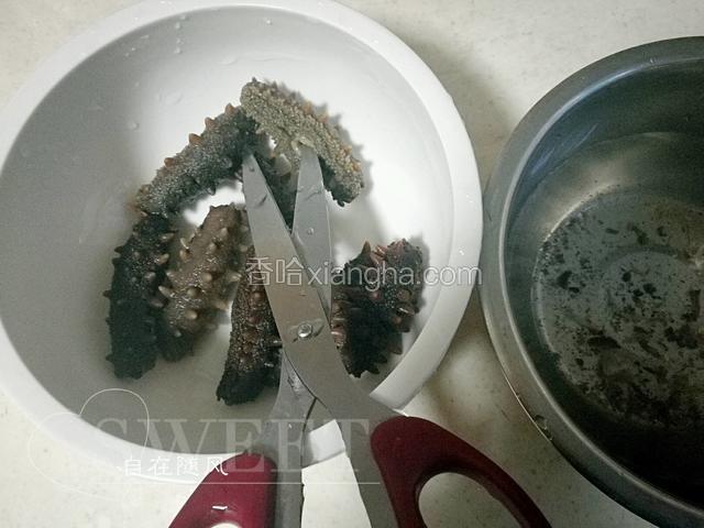 如此情况持续四五天 海参触摸起来已经变的有些软了 用剪刀✂从海参腹部小口入手向两头剪开 清洗海参腹腔内壁 将污物洗出注意两头多搓洗