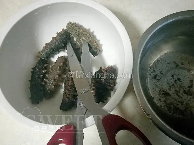 如此情况持续四五天 海参触摸起来已经变的有些软了 用剪刀✂从海参腹部小口入手向两头剪开 清洗海参腹腔内壁 将污物洗出注意两头多搓洗