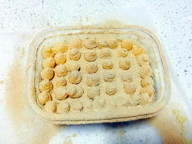 挤上豆乳，最后的豆乳是如图挤出小圆点的哦，均匀撒上一层豆粉，完成！
