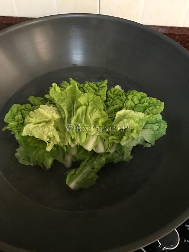 白菜叶子在沸水中加少许油和盐焯烫一下捞出沥干备用。