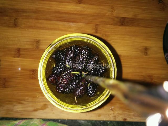 把洗好的桑椹放入榨汁机里，倒出凉白开水